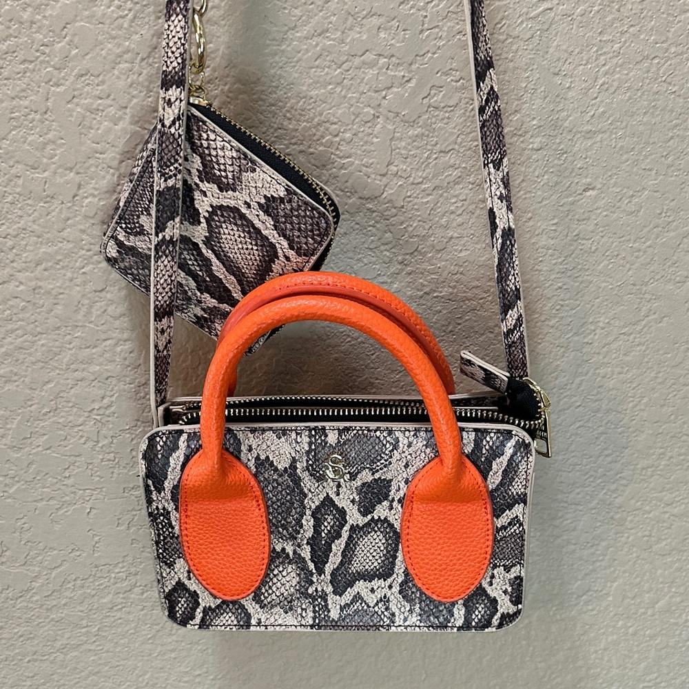 Steve Madden Snake-Print Mini Satchel with Orange Handles